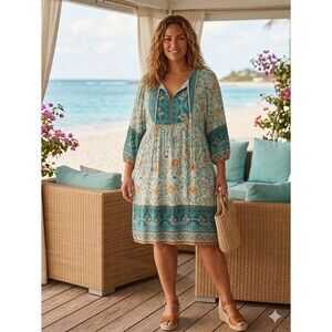 Bluetime Boho Floral Mini Dress 3X Plus Teal Orange Viscose Tunic 24" P2P